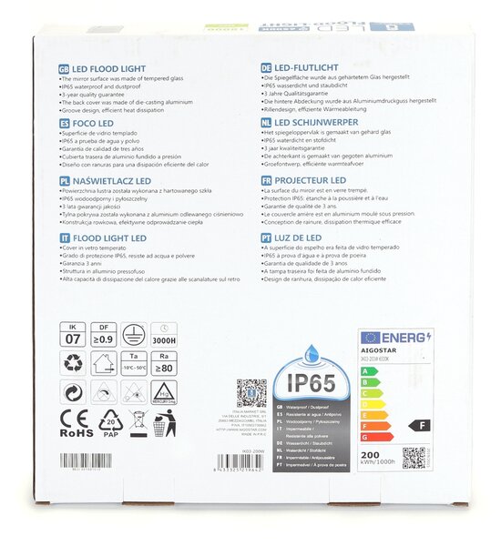 Faro proiettore Led 200W Bianco da esterno IP65 Bianco freddo 6500K Aigostar