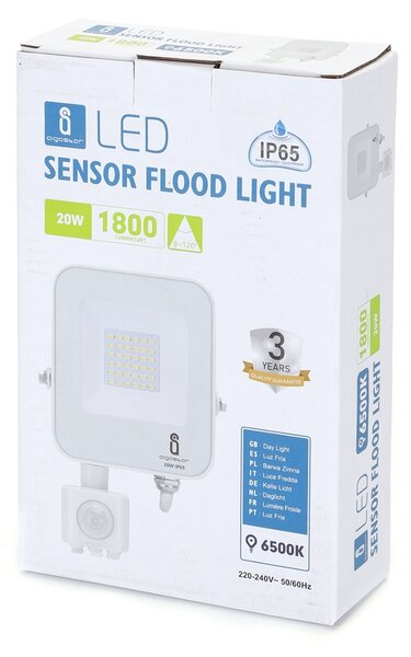 Faro proiettore Led 20W Bianco da esterno IP65 Bianco freddo 6500K con sensore crepuscolare e di movimento Aigostar