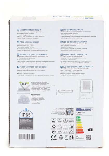 Faro proiettore Led 50W Bianco da esterno IP65 Bianco freddo 6500K con sensore crepuscolare e di movimento Aigostar