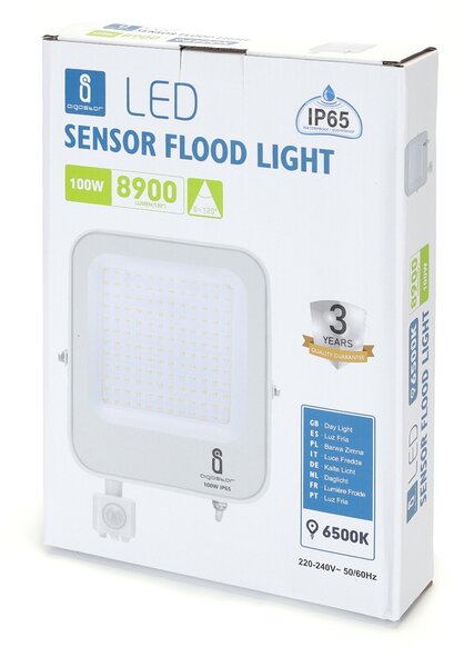 Faro proiettore Led 100W Bianco da esterno IP65 Bianco freddo 6500K con sensore crepuscolare e di movimento Aigostar