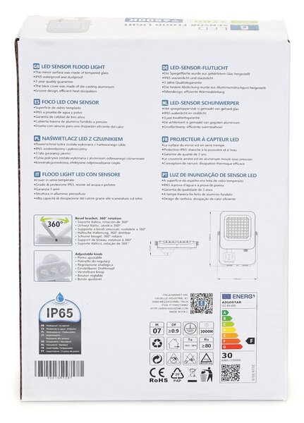 Faro proiettore Led 30W Bianco da esterno IP65 Bianco freddo 6500K con sensore crepuscolare e di movimento Aigostar