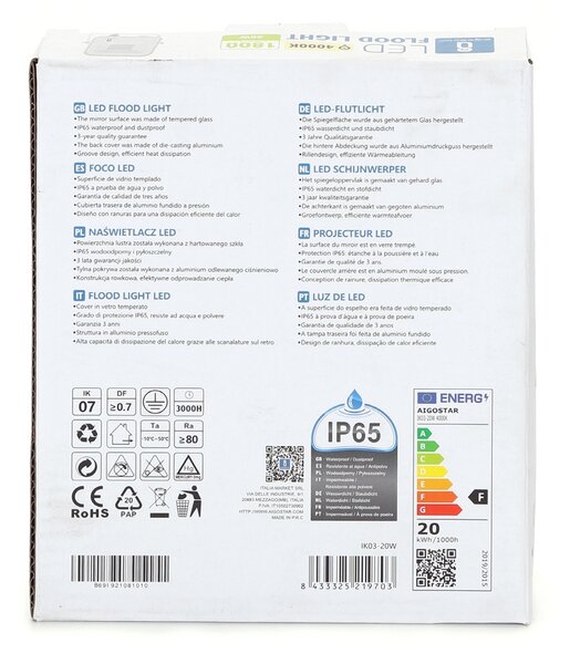 Faro proiettore Led 20W Bianco da esterno IP65 Bianco neutro 4000K Aigostar