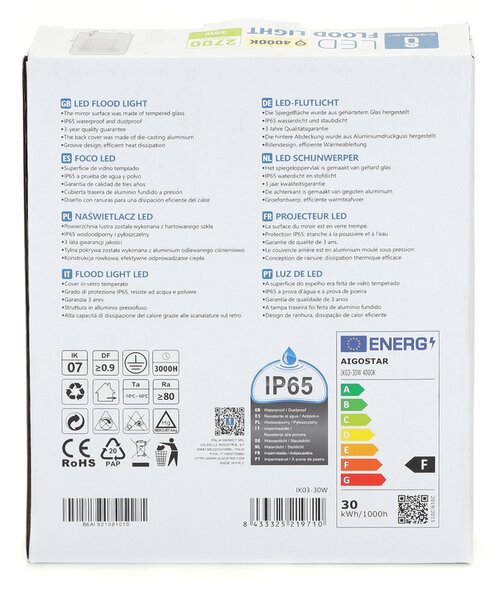 Faro proiettore Led 30W Bianco da esterno IP65 Bianco neutro 4000K Aigostar