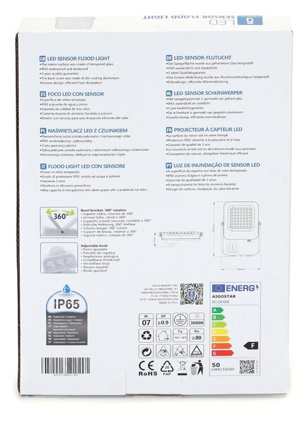 Faro proiettore Led 50W Bianco da esterno IP65 Bianco neutro 4000K con sensore crepuscolare e di movimento Aigostar