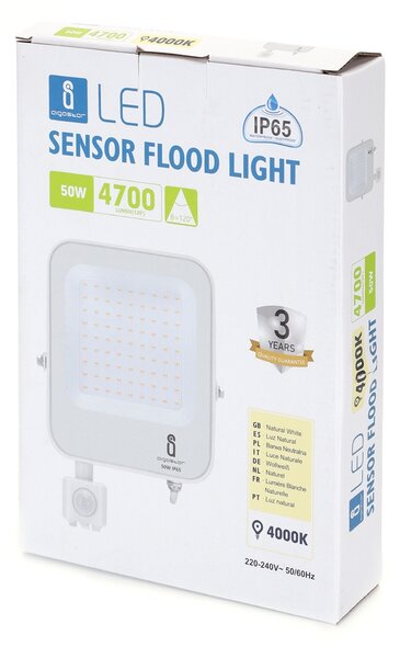 Faro proiettore Led 50W Bianco da esterno IP65 Bianco neutro 4000K con sensore crepuscolare e di movimento Aigostar