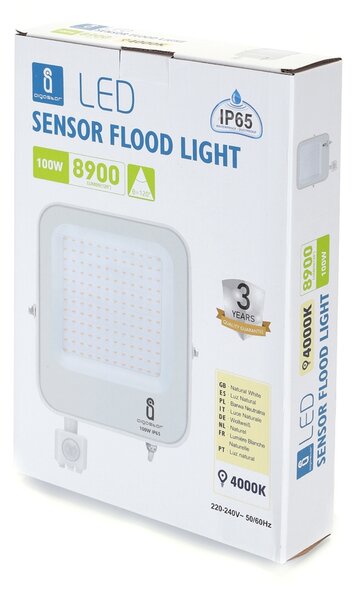 Faro proiettore Led 100W Bianco da esterno IP65 Bianco neutro 4000K con sensore crepuscolare e di movimento Aigostar