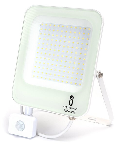 Faro proiettore Led 100W Bianco da esterno IP65 Bianco neutro 4000K con sensore crepuscolare e di movimento Aigostar