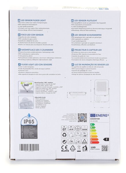 Faro proiettore Led 100W Bianco da esterno IP65 Bianco neutro 4000K con sensore crepuscolare e di movimento Aigostar
