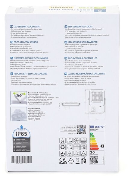 Faro proiettore Led 30W Bianco da esterno IP65 Bianco neutro 4000K con sensore crepuscolare e di movimento Aigostar
