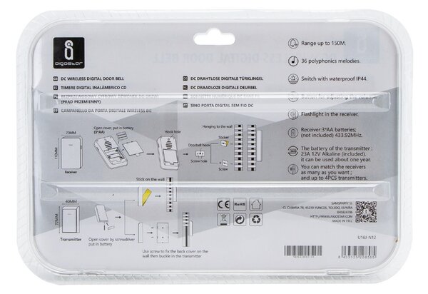 Campanello senza fili Aigostar da esterno a batteria 1 pulsante e 2 riceventi colore nero e oro