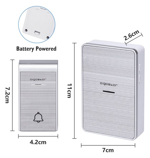Campanello senza fili Aigostar da esterno a batteria 1 pulsante e 2 riceventi colore argento