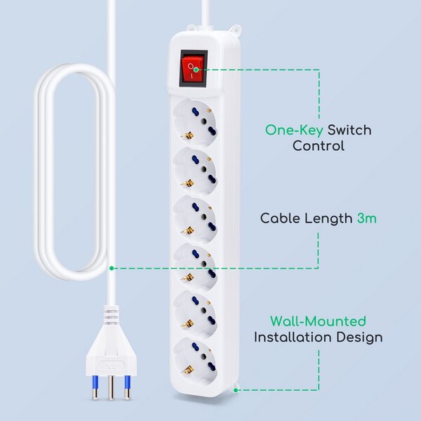 Ciabatta multipresa elettrica 6 posti con cavo da 1,5m – 6 Prese Schuko+Bipasso Aigostar