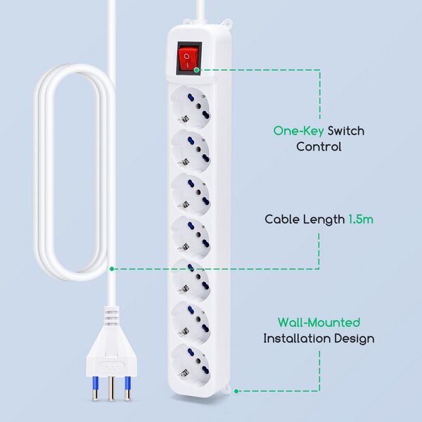 Ciabatta multipresa elettrica 7 posti con cavo da 1,5m – 7 Prese Schuko+Bipasso Aigostar