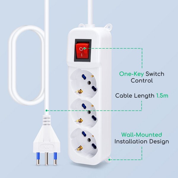 Ciabatta multipresa elettrica 3 posti con cavo da 1,5m – 3 Prese Schuko+Bipasso Aigostar