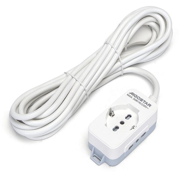 Ciabatta multipresa elettrica 3 posti con cavo da 5m – 1Presa Schuko + 2 Bipasso Aigostar