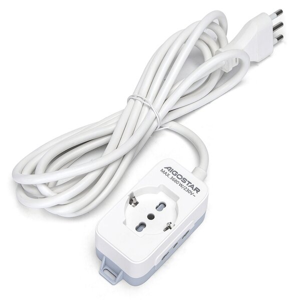 Ciabatta multipresa elettrica 3 posti con cavo da 3m – 1Presa Schuko + 2 Bipasso Aigostar