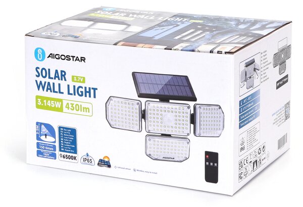 Faro Led con pannello solare 214 Led IP65 Bianco freddo 6500K faretti orientabili con telecomando sensore crepuscolare e di movimento Aigostar