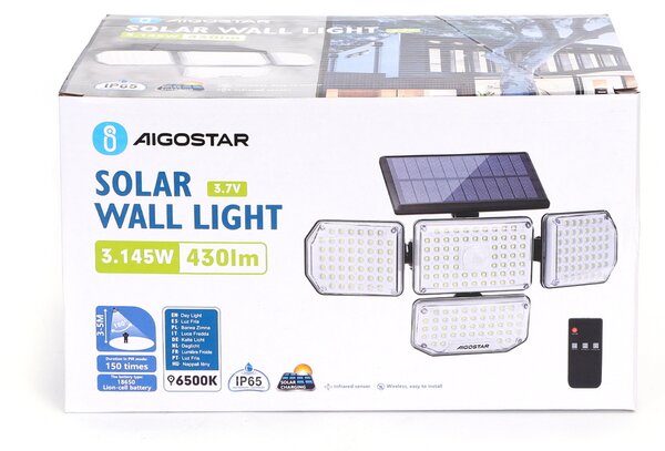Faro Led con pannello solare 214 Led IP65 Bianco freddo 6500K faretti orientabili con telecomando sensore crepuscolare e di movimento Aigostar