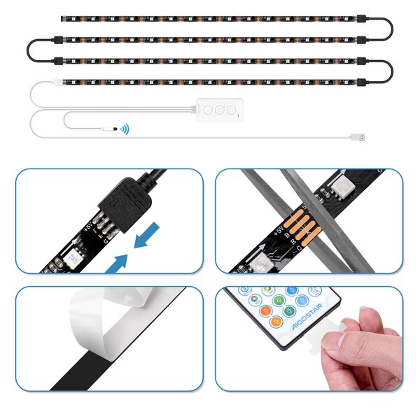 Striscia Led Smart 5V 36W 4×0,5 metri WiFi RGB luce regolabile e dimmerabile con telecomando Aigostar