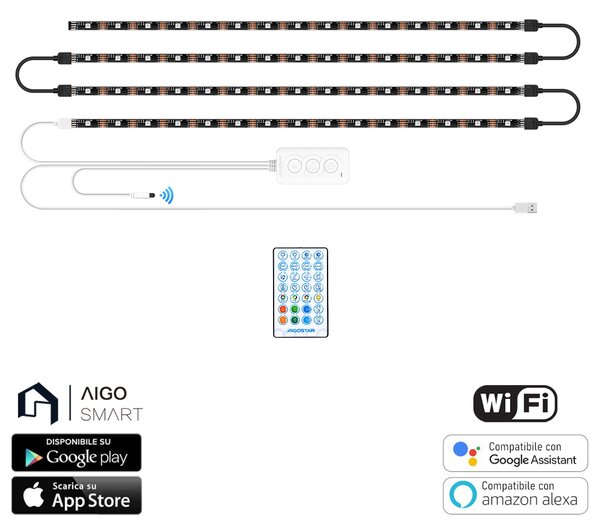 Striscia Led Smart 5V 36W 4×0,5 metri WiFi RGB luce regolabile e dimmerabile con telecomando Aigostar