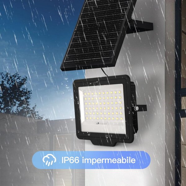 Faro Led 120W Nero con pannello solare IP66 Bianco freddo 6500K Dimmerabile con telecomando e sensore crepuscolare confezione da 2pz Wisdom