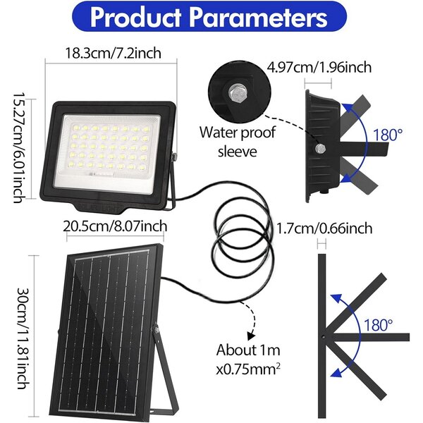 Faro Led 120W Nero con pannello solare IP66 Bianco freddo 6500K Dimmerabile con telecomando e sensore crepuscolare confezione da 2pz Wisdom
