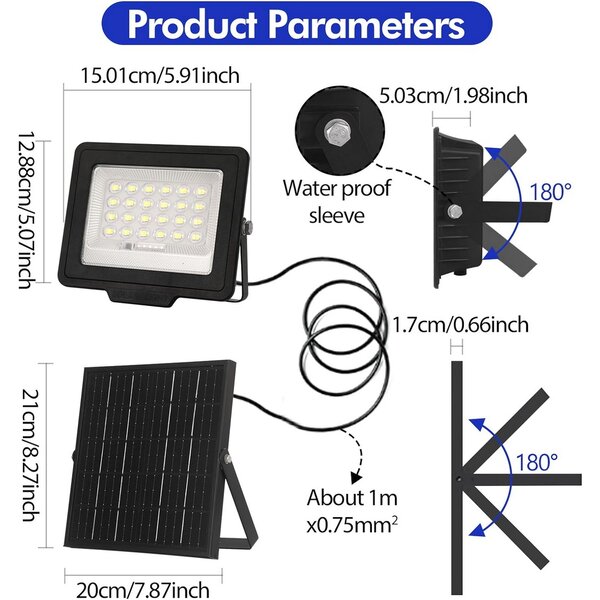 Faro Led 60W Nero con pannello solare IP66 Bianco freddo 6500K Dimmerabile con telecomando e sensore crepuscolare confezione da 2pz Wisdom