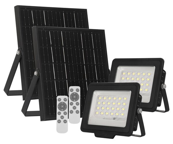 Faro Led 60W Nero con pannello solare IP66 Bianco freddo 6500K Dimmerabile con telecomando e sensore crepuscolare confezione da 2pz Wisdom