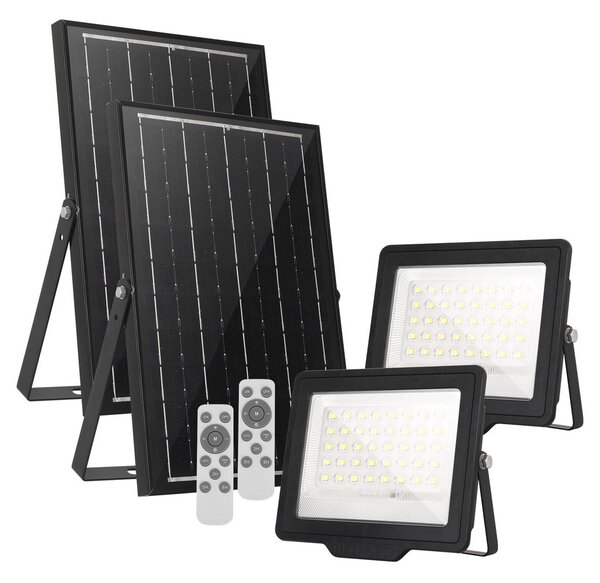 Faro Led 120W Nero con pannello solare IP66 Bianco freddo 6500K Dimmerabile con telecomando e sensore crepuscolare confezione da 2pz Wisdom