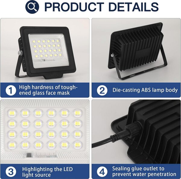 Faro Led 60W Nero con pannello solare IP66 Bianco freddo 6500K Dimmerabile con telecomando e sensore crepuscolare confezione da 2pz Wisdom
