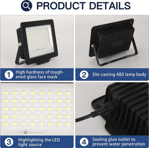Faro Led 120W Nero con pannello solare IP66 Bianco freddo 6500K Dimmerabile con telecomando e sensore crepuscolare confezione da 2pz Wisdom