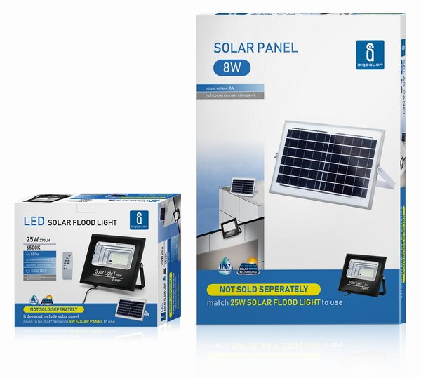 Faro Led 25W Nero con pannello solare IP67 Bianco freddo 6500K Dimmerabile con telecomando e crepuscolare Aigostar