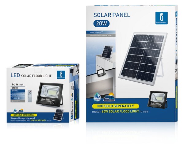 Faro Led 60W Nero con pannello solare IP67 Bianco freddo 6500K Dimmerabile con telecomando e crepuscolare Aigostar
