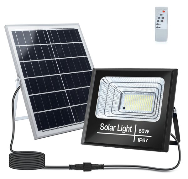 Faro Led 60W Nero con pannello solare IP67 Bianco freddo 6500K Dimmerabile con telecomando e crepuscolare Aigostar