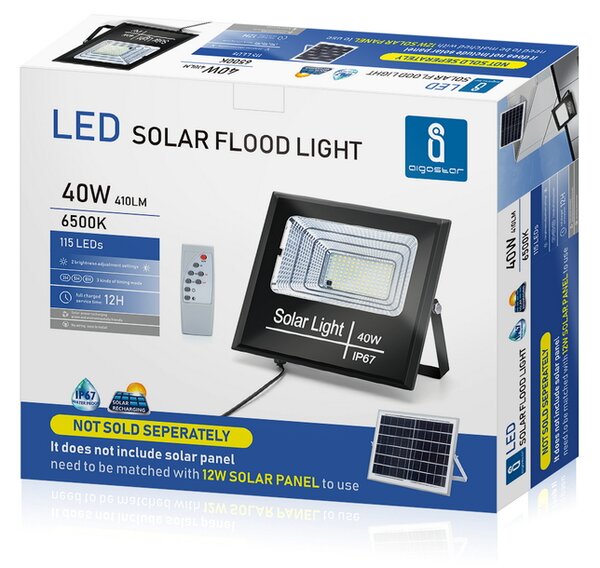 Faro Led 40W Nero con pannello solare IP67 Bianco freddo 6500K Dimmerabile con telecomando e crepuscolare Aigostar