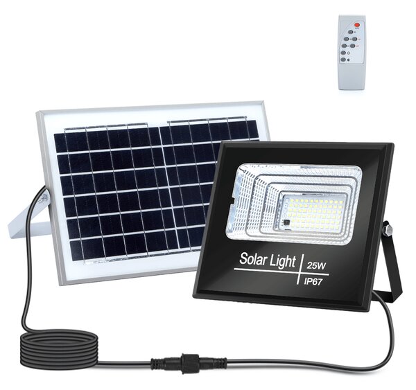 Faro Led 25W Nero con pannello solare IP67 Bianco freddo 6500K Dimmerabile con telecomando e crepuscolare Aigostar