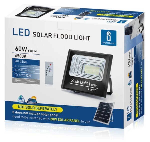 Faro Led 60W Nero con pannello solare IP67 Bianco freddo 6500K Dimmerabile con telecomando e crepuscolare Aigostar