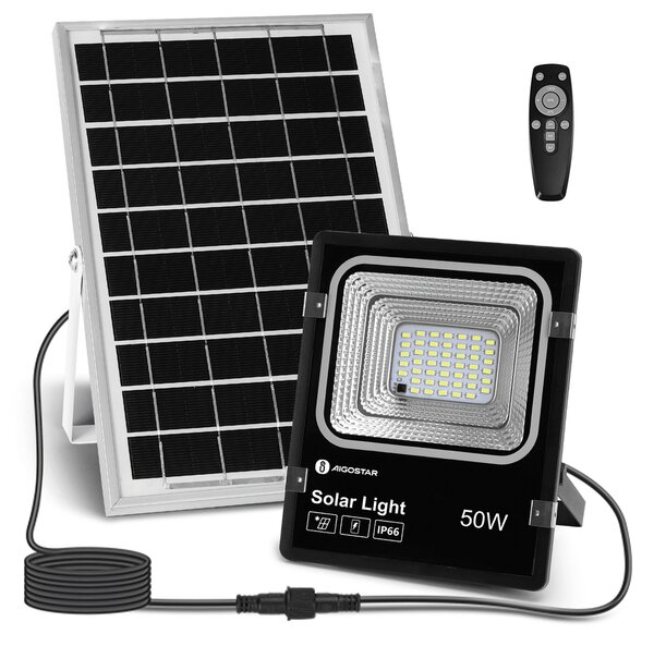 Faro Led 50W Nero con pannello solare IP66 Bianco freddo 6500K Dimmerabile con telecomando e crepuscolare Aigostar