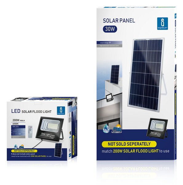 Faro Led 200W Nero con pannello solare IP67 Bianco freddo 6500K Dimmerabile con telecomando e crepuscolare Aigostar