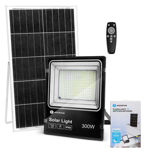 Faro Led 300W Nero con pannello solare IP66 Bianco freddo 6500K Dimmerabile con telecomando e crepuscolare Aigostar