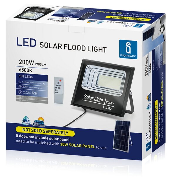 Faro Led 200W Nero con pannello solare IP67 Bianco freddo 6500K Dimmerabile con telecomando e crepuscolare Aigostar