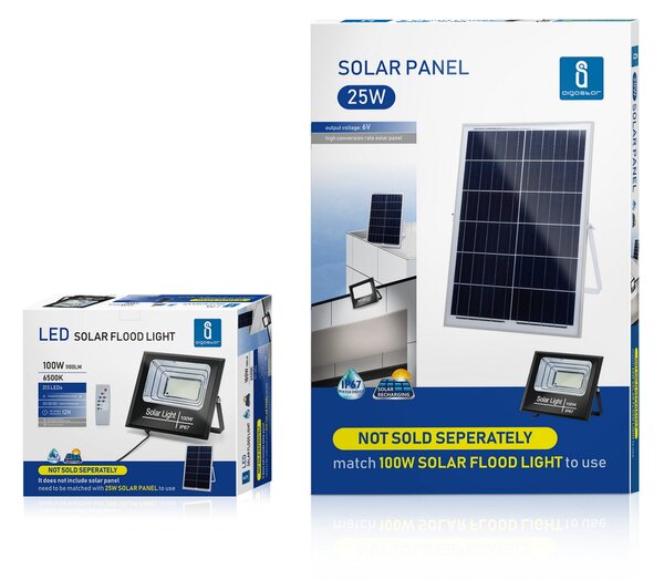 Faro Led 100W Nero con pannello solare IP67 Bianco freddo 6500K Dimmerabile con telecomando e crepuscolare Aigostar