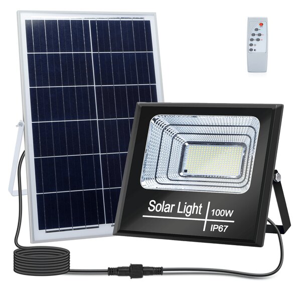 Faro Led 100W Nero con pannello solare IP67 Bianco freddo 6500K Dimmerabile con telecomando e crepuscolare Aigostar
