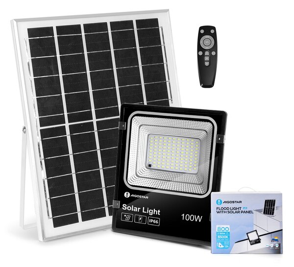 Faro Led 100W Nero con pannello solare IP66 Bianco freddo 6500K Dimmerabile con telecomando e crepuscolare Aigostar
