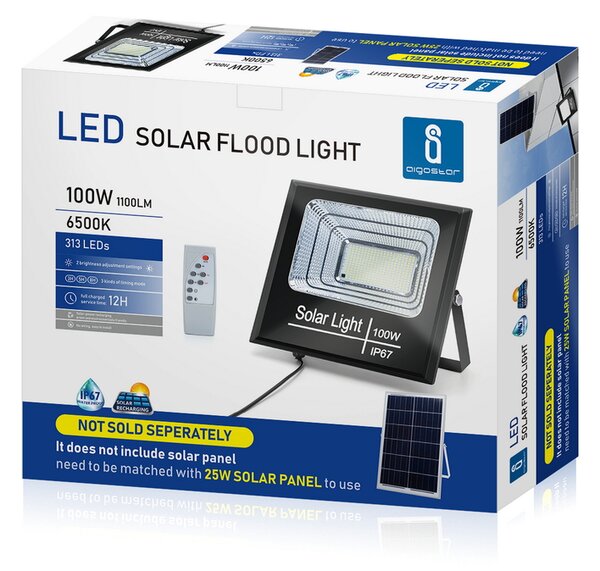 Faro Led 100W Nero con pannello solare IP67 Bianco freddo 6500K Dimmerabile con telecomando e crepuscolare Aigostar