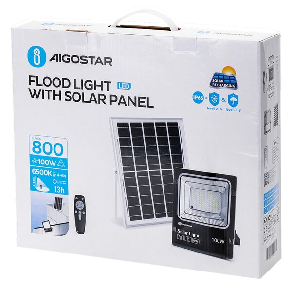 Faro Led 100W Nero con pannello solare IP66 Bianco freddo 6500K Dimmerabile con telecomando e crepuscolare Aigostar