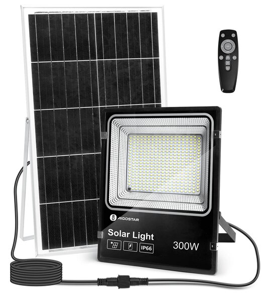 Faro Led 300W Nero con pannello solare IP66 Bianco freddo 6500K Dimmerabile con telecomando e crepuscolare Aigostar