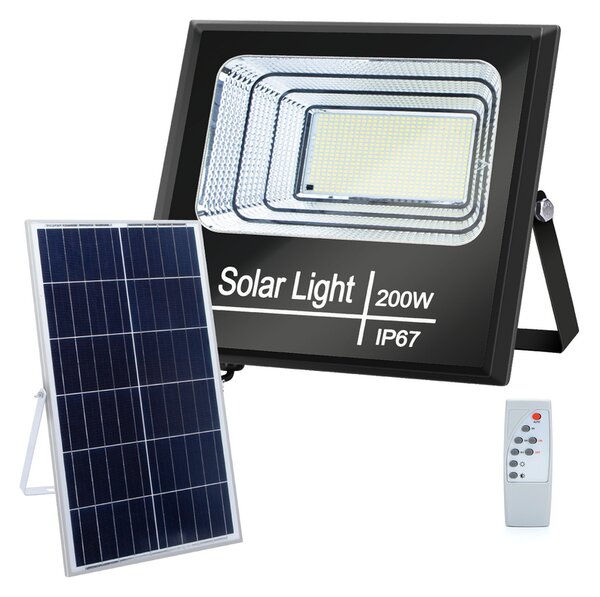 Faro Led 200W Nero con pannello solare IP67 Bianco freddo 6500K Dimmerabile con telecomando e crepuscolare Aigostar