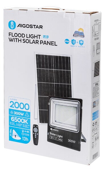 Faro Led 300W Nero con pannello solare IP66 Bianco freddo 6500K Dimmerabile con telecomando e crepuscolare Aigostar