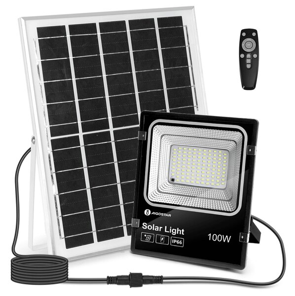 Faro Led 100W Nero con pannello solare IP66 Bianco freddo 6500K Dimmerabile con telecomando e crepuscolare Aigostar